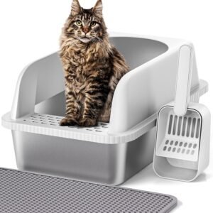 Stainless Steel Cat Litter Box with Lid, 20" L x 14.2" W x 11.8" H, Extra Large Litter Box for Big Cats with High Sided, Anti-Urine Leakage, Easy Cleaning, Include Cat Mat and Scoop